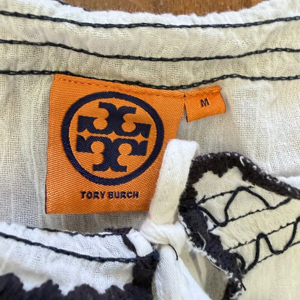 Tory Burch Peasant Blouse Med White Navy Embroidered Cotton Tassel Of Shoulder